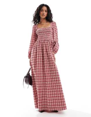 ASOS DESIGN - Robe longue à carreaux avec corsage froncé - Rouge - view 1