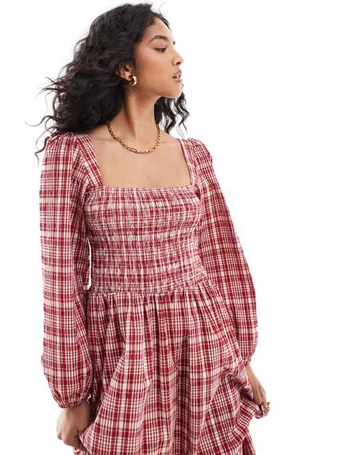 ASOS DESIGN Robe longue à carreaux avec corsage froncé Rouge