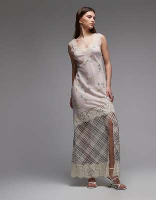 Robe longue à carreaux avec coutures asymétriques et manches en dentelle - Rose-Noir 38
