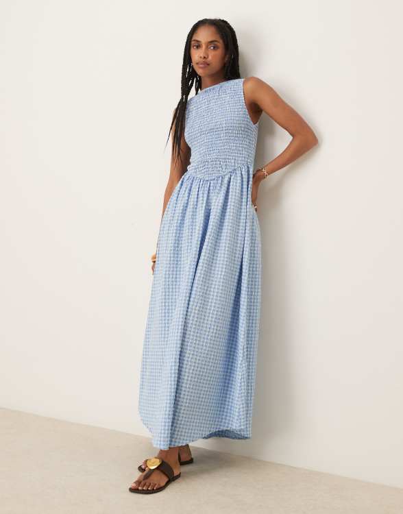 ASOS DESIGN - Robe longue à carreaux vichy et corsage froncé - Bleu