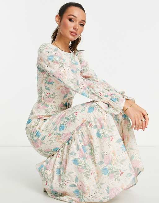 ASOS DESIGN Robe longue ceinture avec ourlet basque et broderie anglaise fleurie