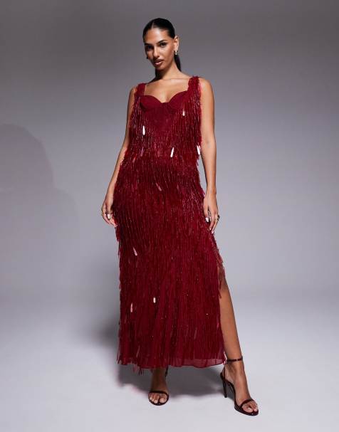 ASOS DESIGN - Robe longue à col bénitier avec franges ornementées et détail brassière en dentelle - Rouge cerise - view 1