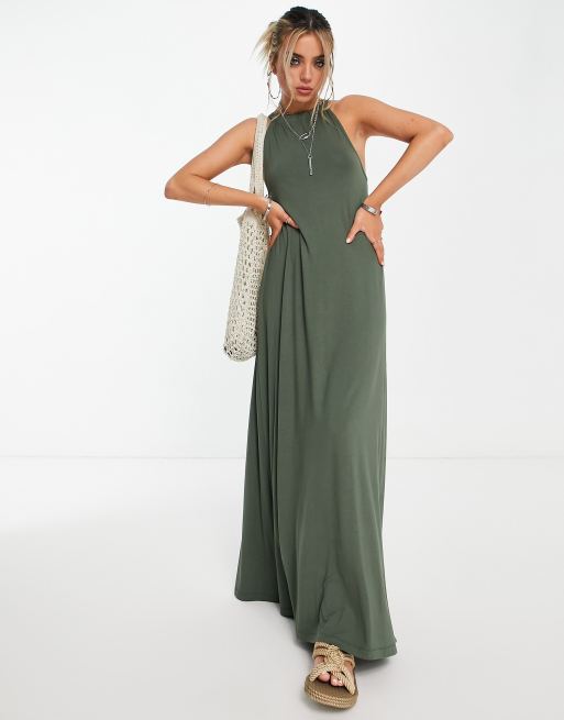 ASOS DESIGN - Robe longue à col froncé et dos ouvert - Kaki