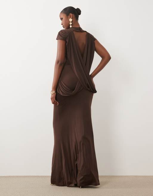 ASOS DESIGN robe longue à col montant avec corsage drapé en marron chocolat, 4 de 4