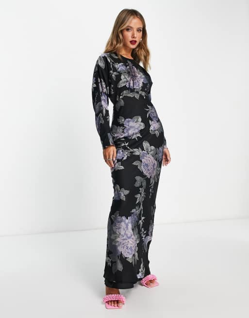 ASOS DESIGN - Robe longue à col montant avec imprimé floral effet dévoré - Noir