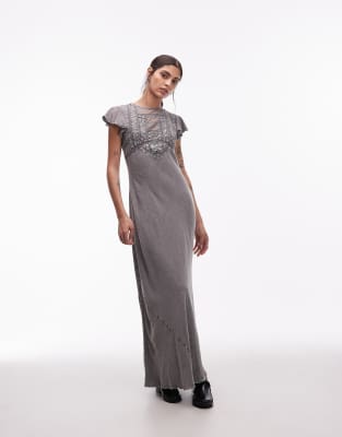 Robe longue à col montant avec manches volantées et empiècements en dentelle - Gris délavé 36