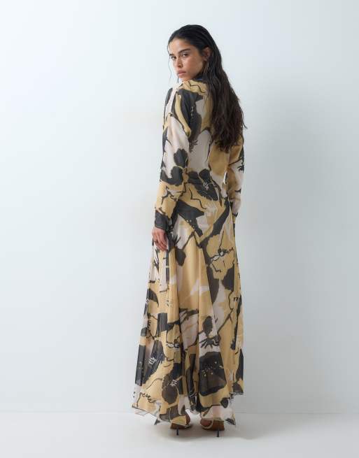 ASOS DESIGN robe longue à col montant avec taille asymétrique à fleurs marron, 4 de 5