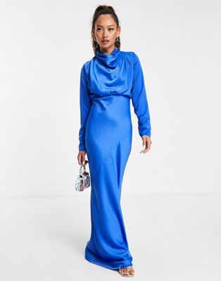Robes Robe longue à col montant en satin drapé coupé en biais - Bleu