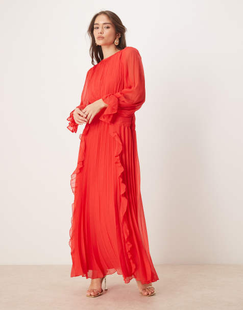 ASOS DESIGN - Robe longue à col montant et ceinture froncée - Rouge - view 1