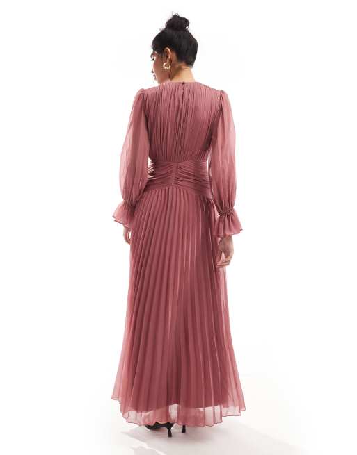 ASOS DESIGN - Robe longue à col montant et ceinture froncée - Vieux rose, 3 de 4
