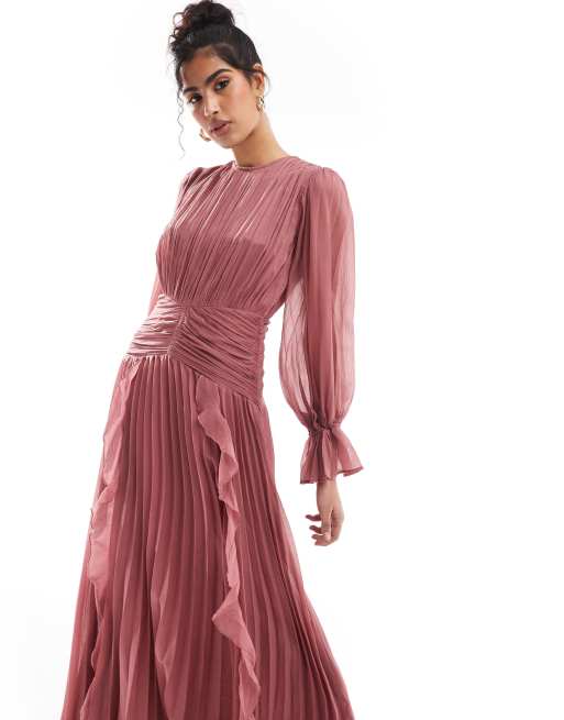 ASOS DESIGN - Robe longue à col montant et ceinture froncée - Vieux rose, 4 de 4