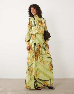 Robe longue à col montant et poignets larges - Jaune fleuri-multicolore 42