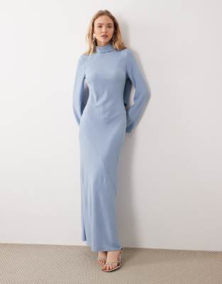 Robe longue à col montant façon foulard - Bleu clair 46