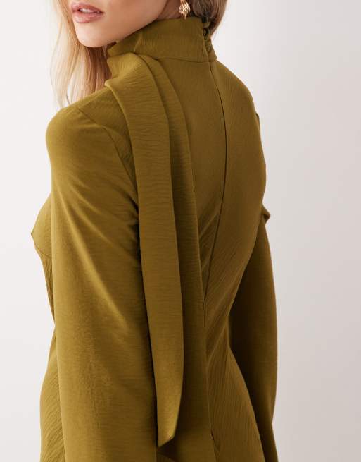ASOS DESIGN - Robe longue à col montant façon foulard - Olive, 3 de 4