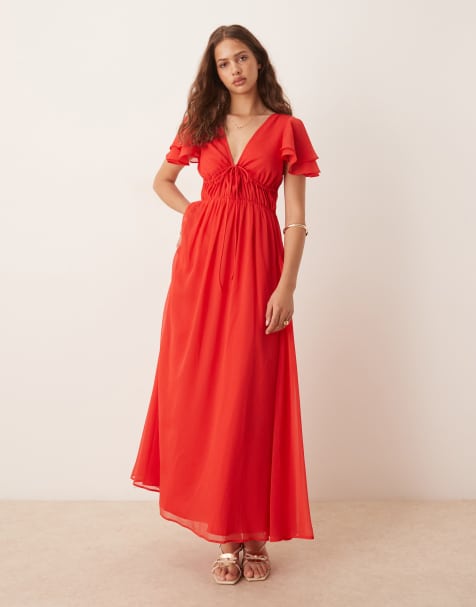ASOS DESIGN - Robe longue à col V avec manches ange et découpe - Rouge - view 1
