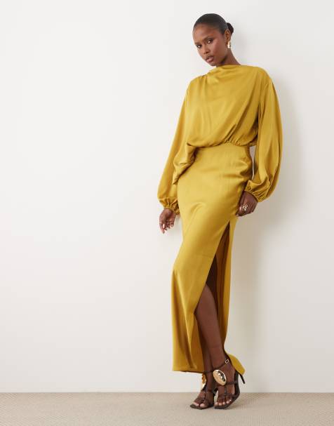 ASOS DESIGN robe longue à corsage asymétrique avec manches blouson en ocre - view 1
