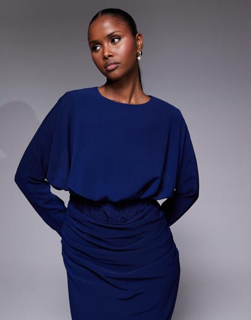 ASOS DESIGN - Robe longue à corsage bouffant en dentelle et manches longues - Bleu marine, 2 de 4
