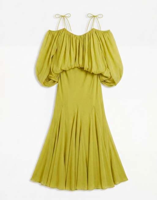 ASOS DESIGN - Robe longue à corsage bouffant et manches fendues avec jupe ample à godets - Vert olive, 5 de 7