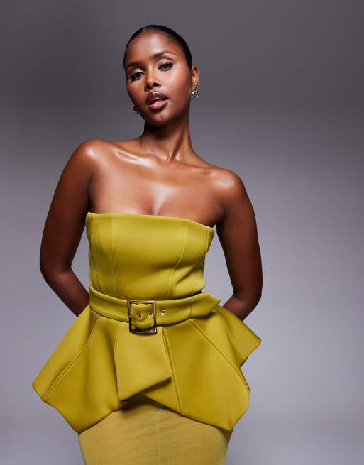 ASOS DESIGN - Robe longue à corsage en imitation néoprène de qualité supérieure avec taille ceinturée et jupe transparente - Vert, 2 de 4