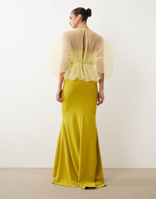 ASOS DESIGN - Robe longue à corsage plissé en crépon stretch contrastant - Vert, 3 de 4