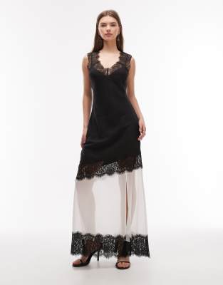 Robe longue à coutures asymétriques et manches en dentelle - Noir et blanc-Multicolore 38