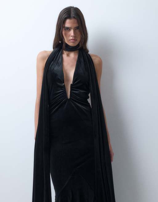 ASOS DESIGN robe longue à décolleté plongeant avec détail écharpe à franges, noire, 4 de 5