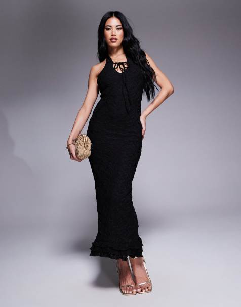 ASOS DESIGN - Robe longue à décolleté plongeant avec liens et ourlet à volants - Noir - view 1