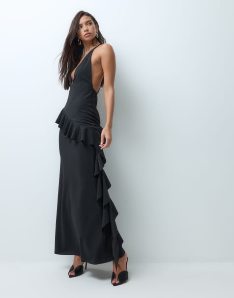 ASOS DESIGN robe longue à décolleté plongeant et détail volanté noire - view 1