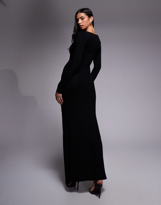 ASOS DESIGN - Robe longue à décolleté plongeant et manches longues avec barre en V - Noir, 4 de 4