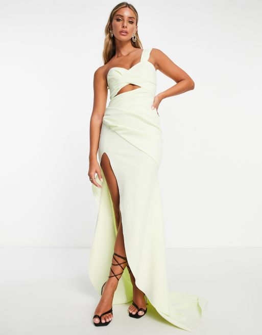 ASOS DESIGN - Robe longue à découpe avec ourlet en pointe et encolure Bardot - Citron vert délavé, 4 de 4
