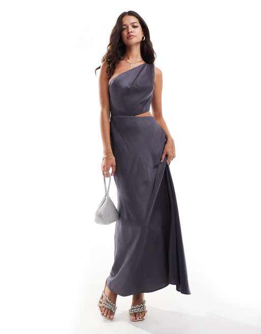ASOS DESIGN - Robe longue à découpe en satin avec bretelles torsadées - Gris ardoise