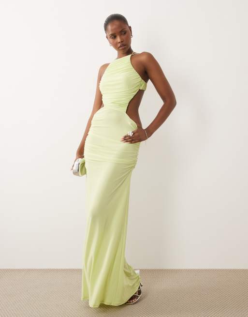 ASOS DESIGN robe longue à découpes avec fronces et col carré dos nu en vert, 4 de 4