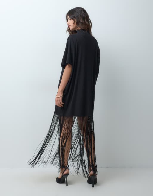 ASOS DESIGN robe longue à demi-manches avec franges sur toute la longueur marron, 4 de 5