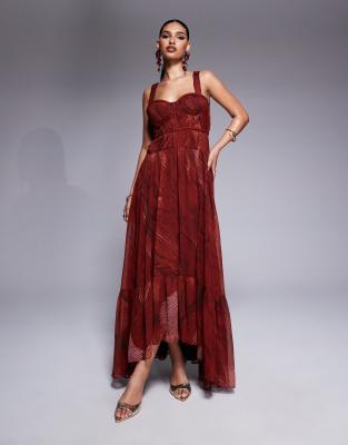 ASOS DESIGN - Robe longue à détail tressé avec bonnets préformés et imprimé abstrait - Rouge-Multicolore