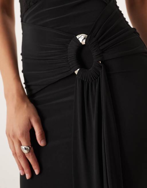 ASOS DESIGN - Robe longue à empiècement en dentelle avec encolure dégagée et détail drapé - Noir, 3 de 4