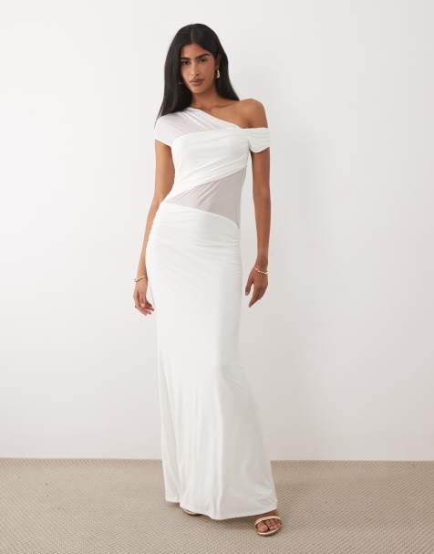 ASOS DESIGN - Robe longue à empiècement en tulle transparent et épaule tombante - Blanc - view 1