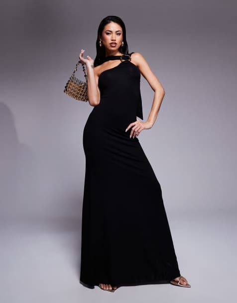 ASOS DESIGN - Robe longue à encolure asymétrique et finition dorée oversize - Noir - view 1