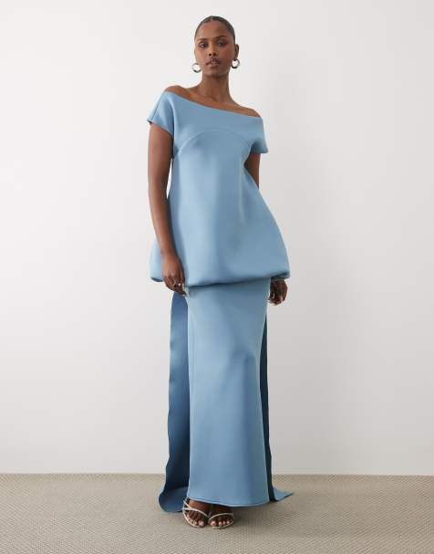 ASOS DESIGN - Robe longue à encolure Bardot avec traîne et corsage bouffant - Bleu - view 1