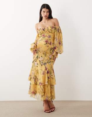 Robe longue à encolure Bardot avec volants, godets et manches bouffantes - Jaune fleuri-multicolore 40
