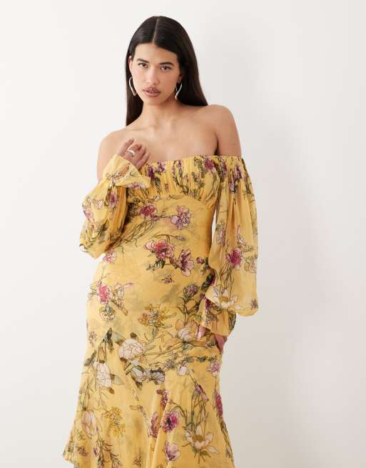 ASOS DESIGN - Robe longue à encolure Bardot avec volants, godets et manches bouffantes - Jaune fleuri, 2 de 4