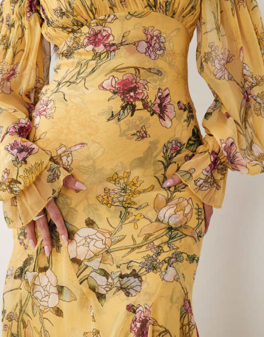 ASOS DESIGN - Robe longue à encolure Bardot avec volants, godets et manches bouffantes - Jaune fleuri, 3 de 4