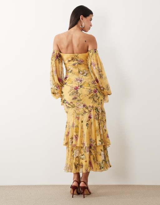 ASOS DESIGN - Robe longue à encolure Bardot avec volants, godets et manches bouffantes - Jaune fleuri, 4 de 4