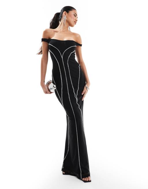 ASOS DESIGN - Robe longue à encolure Bardot et coutures apparentes contrastantes - Noir