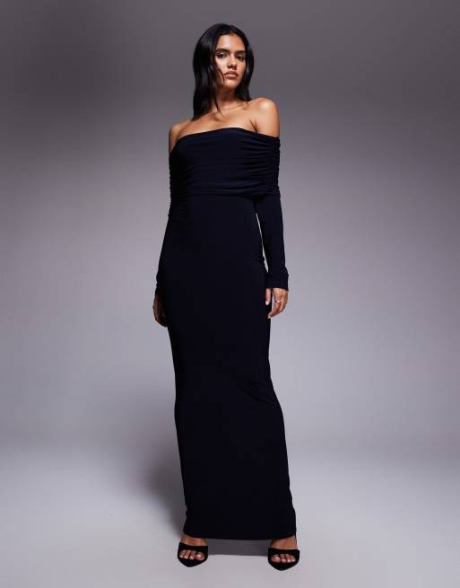 ASOS DESIGN - Robe longue à encolure Bardot plongeante et manches longues - Bleu marine, 2 de 4