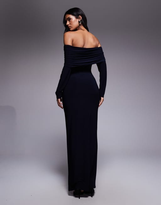 ASOS DESIGN - Robe longue à encolure Bardot plongeante et manches longues - Bleu marine, 4 de 4
