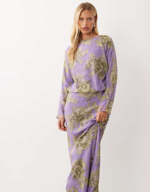 ASOS DESIGN robe longue à encolure bateau à manches longues imprimé fleuri vert et violet, 3 de 4