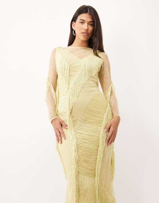 ASOS DESIGN robe longue à encolure bateau avec détails franges en dentelle et dos nu en olive clair, 2 de 4