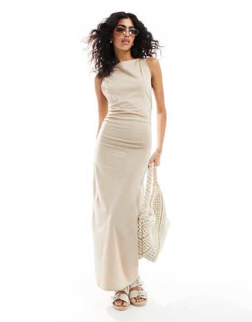 ASOS DESIGN - Robe longue à encolure bateau froncée sur les côtés - Taupe