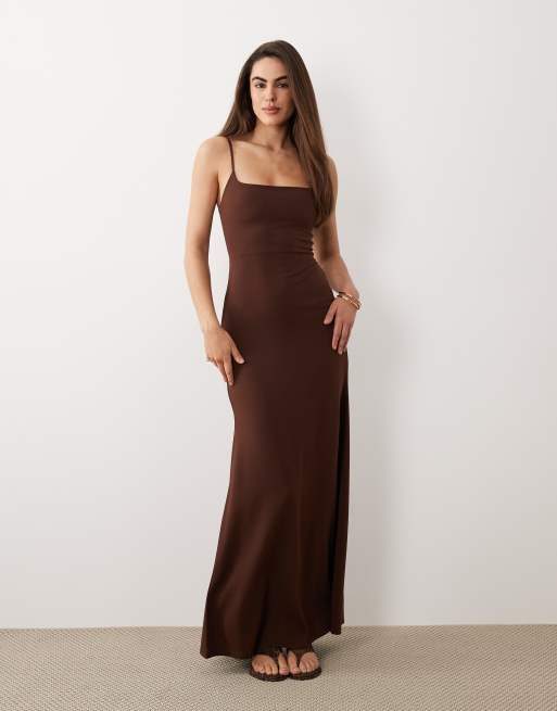 ASOS DESIGN - Robe longue à encolure carrée avec dos ouvert à laçage - Chocolat, 3 de 4