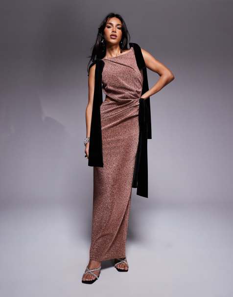 ASOS DESIGN - Robe longue à encolure carrée avec rubans oversize en velours - Bronze - view 1